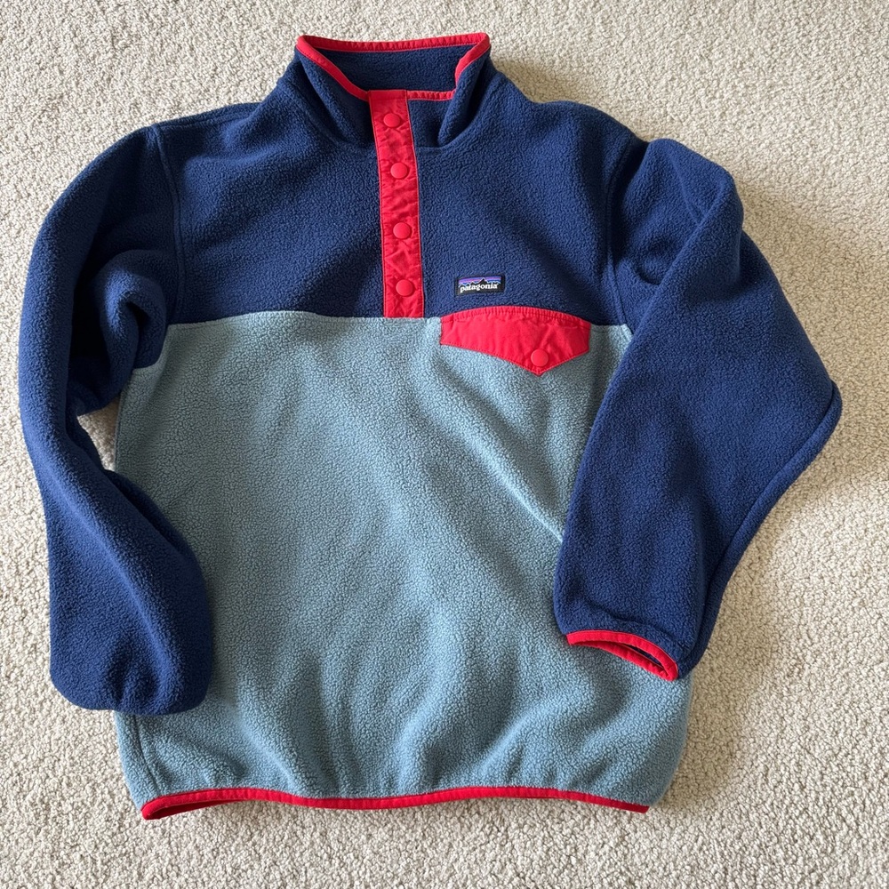 Patagonia Kids Size Medium 10 Lightweight Synchilla Blue Snap-T Fleece Pullover